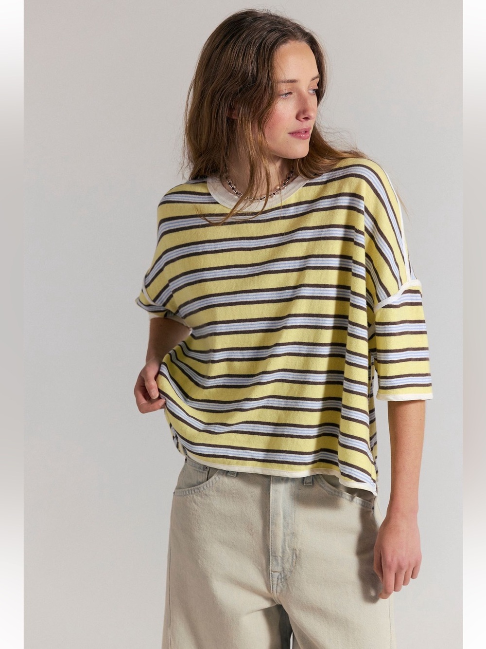 Free People We the Free Clean Rugby Tee, yellow combo, size S